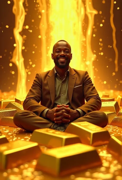 Several gold bars melting with the name Gold reserve ,And a smiling black man sitting in the middle of the gold bars 