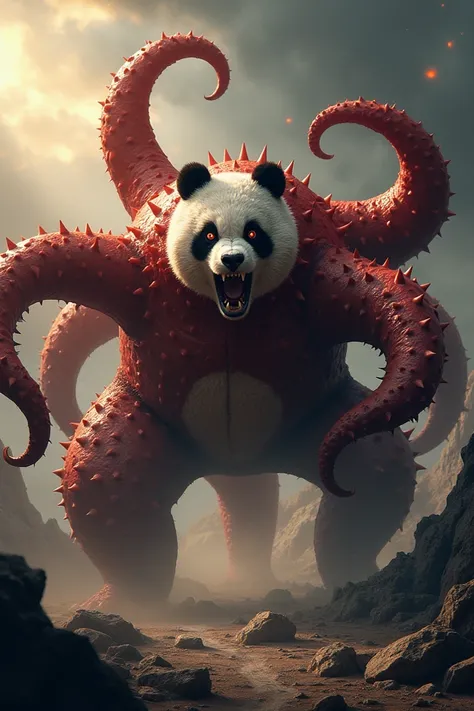 "Design a hybrid creature that seamlessly combines the features of a starfish and a panda into a monstrous, dangerous entity. The creature should have the round body of a starfish with five thick, sharp limbs that resemble the starfishs arms, while its fac...