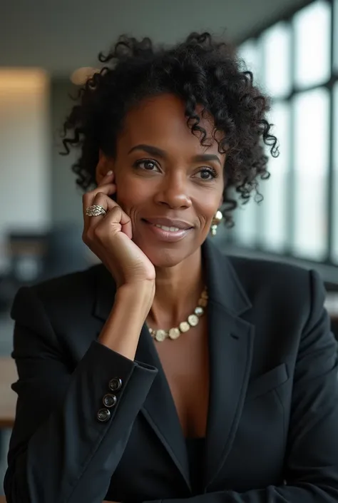 Mature black business woman with hand on chin thinking positive 