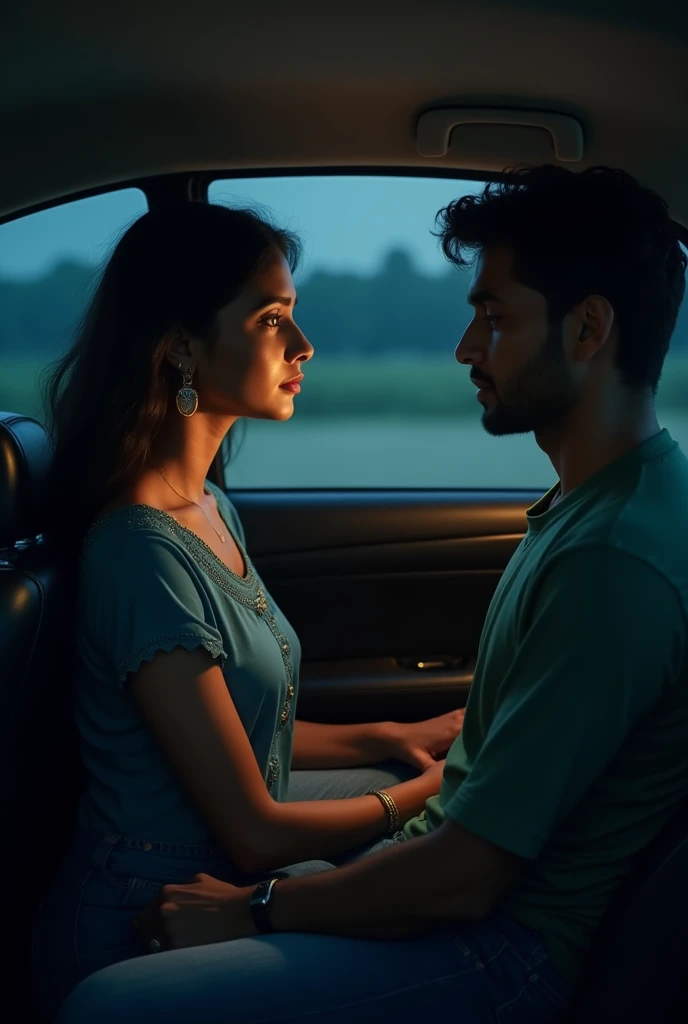 One Indian beautiful women wearing blue and jeans sitting in back of the car to talk one Indian man wearing green tshirt sitting in front of the car inside at night 