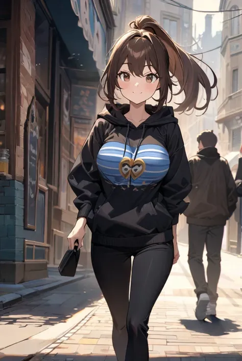 masterpie, ultra-detailed, best quality, illustrations, Afternoon street scenery, Walking incoming, detailed Beautiful anime girl, dark brown hair, long Dark brown hair ponytail, brown eyes, sweet look, detailed sweet smile, detailed breast, black Hoodie, ...