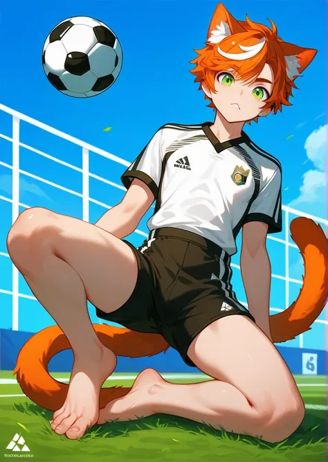 score_9,score_8_up,score_7_up,ncaaoo33,1boy,foreshortening,solo,cat ears,green eyes,spread toes,orange hair,animal ear fluff,streaked hair,cat boy,detailed background,bare legs,looking at viewer,multicolored hair,black shorts,sidelocks,legs,shiny,french br...