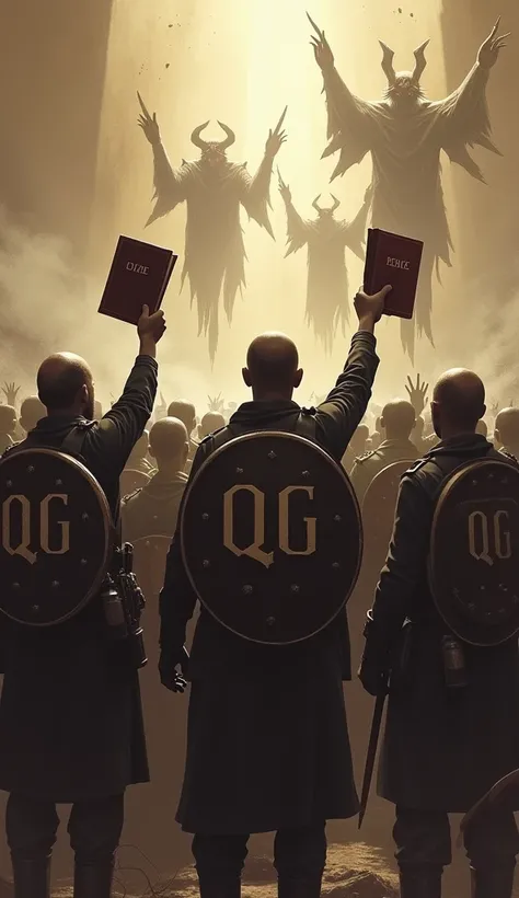  Soldiers with shields and bibles raised in their right hand to the sky,  in front of them there are animals spiritual demons , 
On the backs of the soldiers are the initials  "QG" big,  they are in battle position are going to attack the demon 