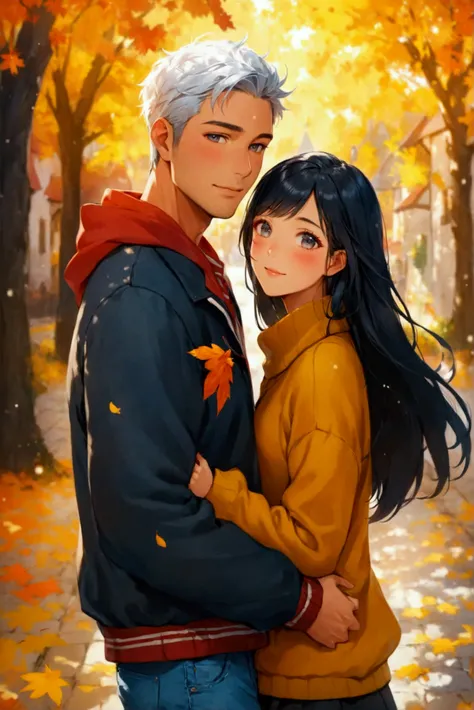 Create a scene of a cloudy autumn day in which a Caucasian man and an Asian woman is standing and hugging. The muscular Caucasian man in his thirties with short coiffed hair and is dressed in a letterman jacket and jeans, while his beautiful Asian girlfrie...