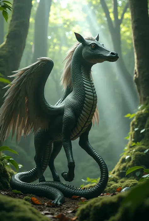 Hyperrealistic creature , mutant,  full-body creature , With the head of a horse and the body of a snake, with wings,  In 4K with lots of details .  Volumetric light and reflections .  Backdrop in the forest 