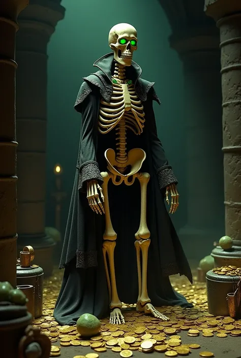 dvd screengrab, from 1982 dark fantasy film, "excalibur" SKELETON DRESSED AS A PIRATE WEARING A JACKET, HIS EYES ARE MADE OF EMERALD STONE AND HE IS HALF MADE OF GOLD, AMIDST A SEA OF COINS, IN A DARK ROOM WITH PIRATE TREASURES --ar 3:2