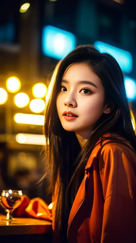 super quality、 ultra high resolution、8k、prety、The most beautiful woman in the world、（ brown long hair:1.5）、Small face、Thin, thin eyebrows 、midnight、nightclub、neon light、realistic、（ winered  jacket :1.5）、 Sexy Expression 、  dancing pose、