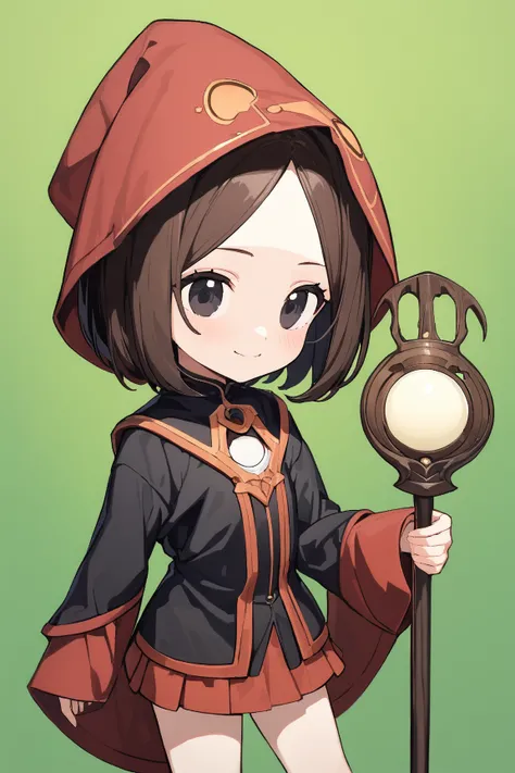 (green background:1.3), No wind, character sprite, Break, 
1 girl, (cute face), Intelligent Look, light smile, , petite, 150 cm tall,, Standing, feet out of frame, (black short hair, blunt ends), black eyes, (flat chest:1.2), slim, (dark brown Mage Outfit,...