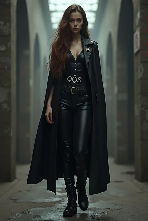 Girl brown hair , in a black leather wrap with an inscription "Qos", black leather pants ,  black leather boots 