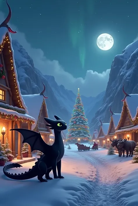 toothless the nightfury and her girlfriend lightfury  both are looking proud they are in real scale outside at the night looking the christmas decorations of Viking village and snow on the ground . Viking houses are decorated by lights and candles and chri...