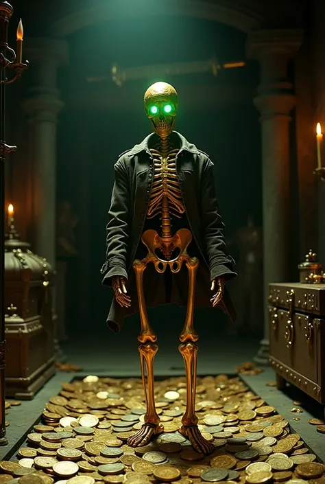 dvd screengrab, from 1982 dark fantasy film, "excalibur" SKELETON DRESSED AS A PIRATE WEARING A JACKET AND EYES ARE MADE OF EMERALD AND HE IS HALF MADE OF GOLD, AMIDST A SEA OF COINS, IN A DARK ROOM WITH PIRATE TREASURES --ar 3:2