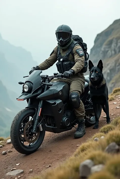 Create the image of a soldier equipped with a vest, helmet and mask and his black German shepherd dog using a drone on a custom motorcycle high up the hill 