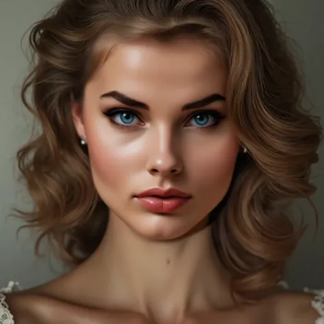 hyper realistic , close up face looking left , red lipstick , mouth  open with light smile  , sensual ,  ,long  light brown wavy hair 50s hairstyle , sensual