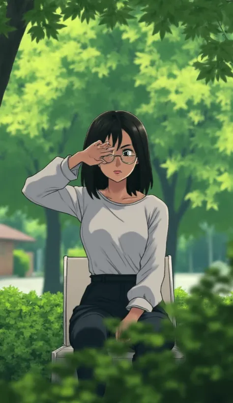 a 17 old girl with dark hair, she wears glasses and is in a square, the image must have 720p quality with the background slightly blurred, she in a park siting on a chair.