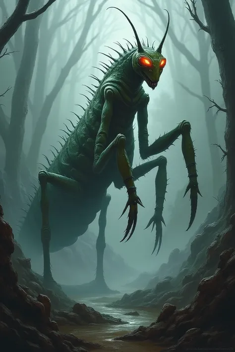 "Design a hybrid creature that seamlessly combines the features of a mantis and a caterpillar into a monstrous, dangerous entity. The creature should have the long, segmented body of a caterpillar, with its many legs, but its upper body should resemble a m...