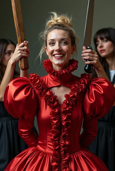 (realistic photograph sideways close up), (a smiling surprised willing beautiful Caucasian lady with (messy hair bun) and wearing (excessive shiny red silk dress with (long gigantic puff sleeves), (and with an ultra high tight stand-up collar up to her che...