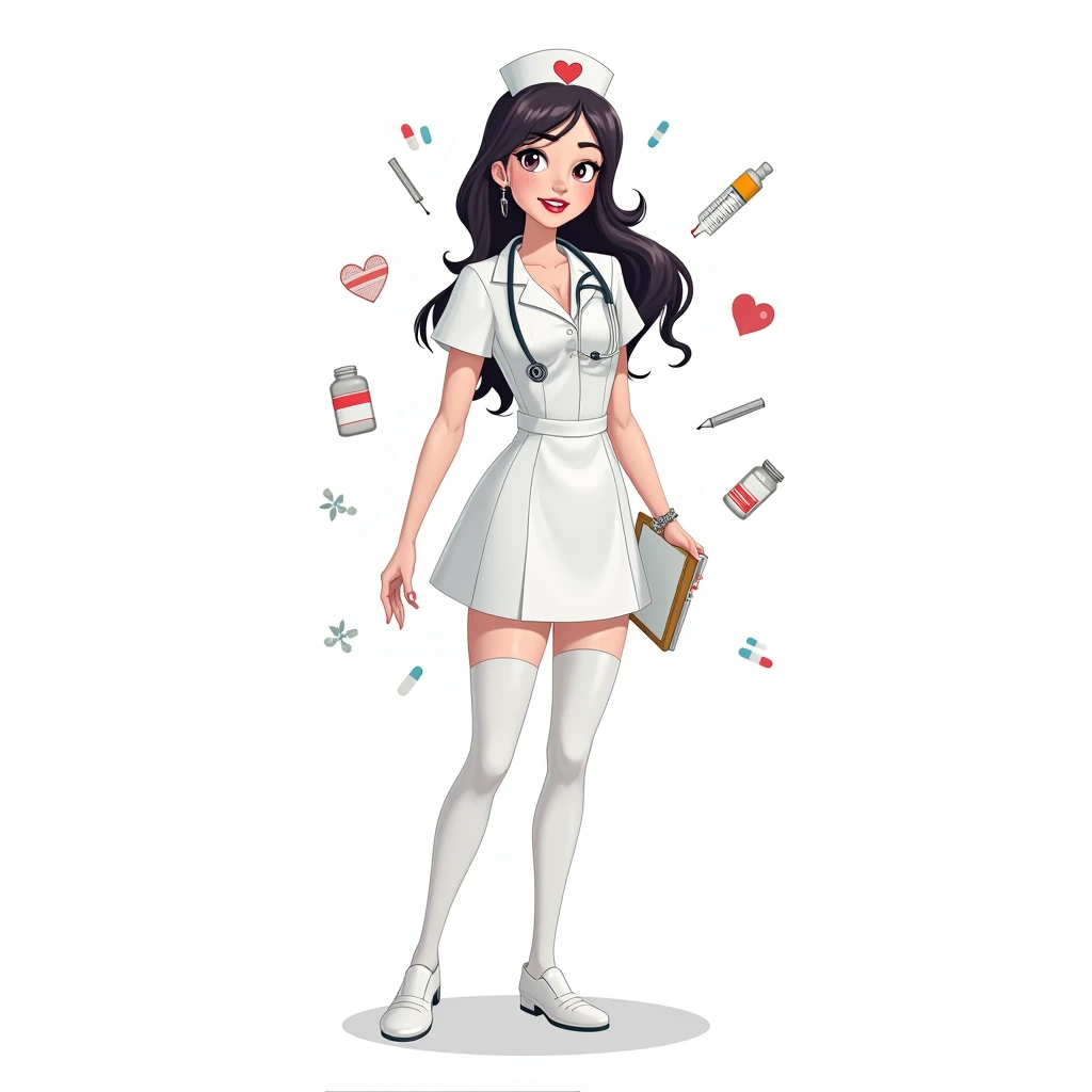 An alluring nurse stands confidently in a classic white uniform with a playful, modern twist. The fitted dress has short sleeves and a slightly flared hemline that ends mid-thigh, paired with thigh-high stockings and a small garter visible at the top. She ...