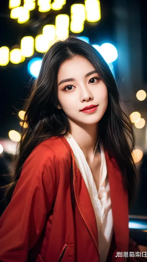 super quality、 ultra high resolution、8k、prety、The most beautiful woman in the world、（ brown long hair:1.5）、Small face、Thin, thin eyebrows 、midnight、nightclub、neon light、realistic、（ winered  jacket :1.5）、 Sexy Expression 、  dancing pose、