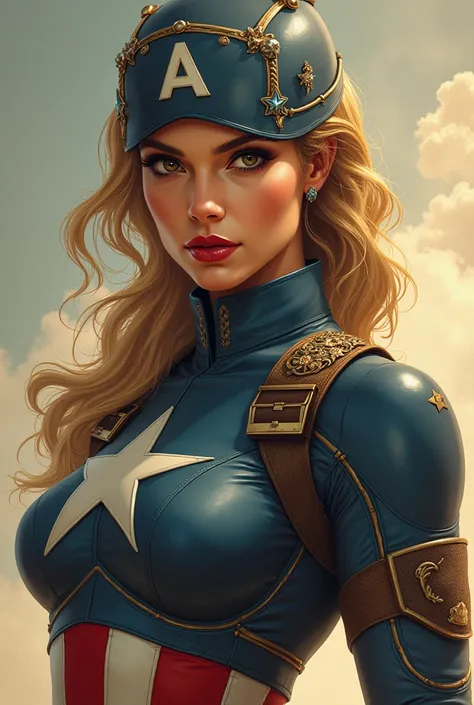 (( best quality)) (ART IN DRAWING) woman,  dressed as Captain America , without mask, close,  visual World War II, period art  