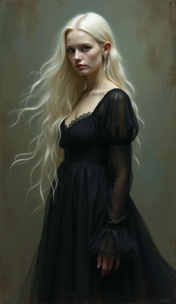 A ghostly portrait painting of a woman with long blond hair and a black dress. Antique oil painting