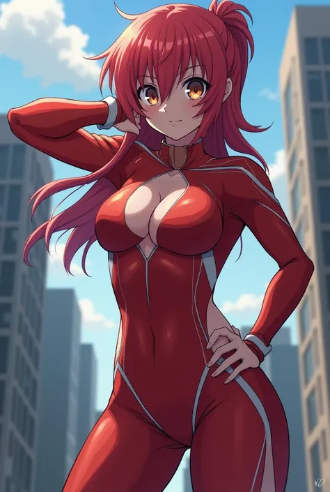  My Hero Academia Style ,   anime girl , woman, young woman ,  full body shot ,( Fighting Stance :1.3),Long Hair, Red Hair,   Brown Eyes , hero suit, Full Body Suit,  red suit with white details, perfect anatomy,  enhanced abs , super detailed,(building:1....