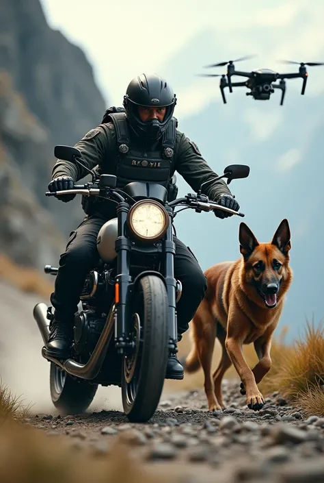 Create the image of a soldier wearing a vest, helmet and mask and his black German shepherd dog running alongside his motorcycle using a drone on a custom bike high up the hill. 