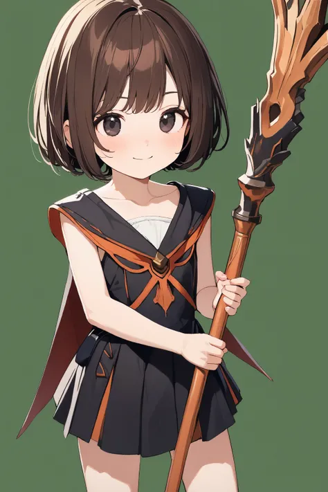 (green background:1.3), No wind, character sprite, Break, 
1 girl, (cute face), Intelligent Look, light smile, , petite, 150 cm tall,, Standing, feet out of frame, (black short hair, blunt ends), black eyes, (flat chest:1.2), slim, (dark brown Mage Outfit,...