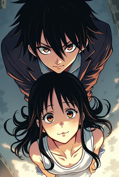 manga style,  2 male and female characters, looking down at the camera 