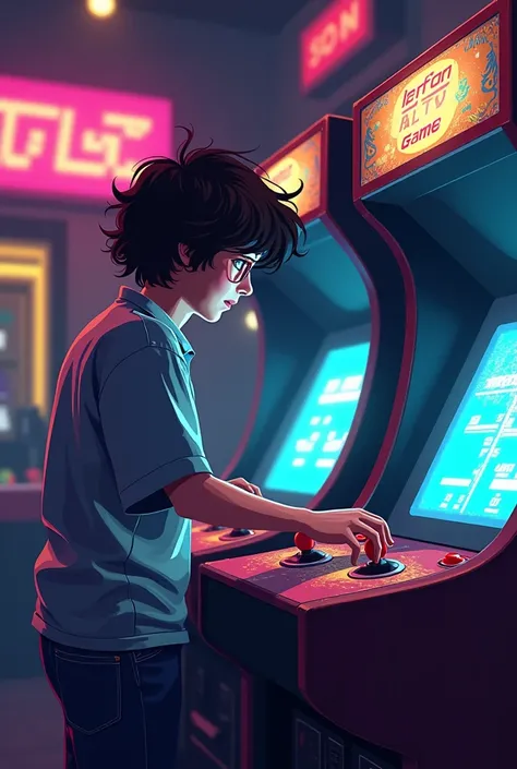  a  who is playing in front of an arcade machine. It is from the year 80 pixel wide format 16:9