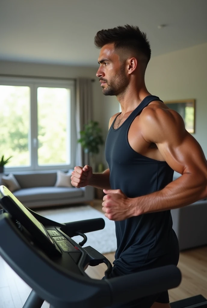 A young cop with athletic body and tufted hair running on a treadmill at his house in an ultra realistic full HD 4k image