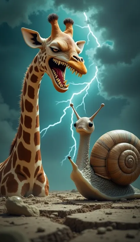  "Create an image where a giraffe and a snail are positioned facing each other, both in an angry, intense mood. The giraffe has furrowed brows, an aggressive stance with its neck stretched high, showing its sharp teeth. The snail has a similarly enraged ex...