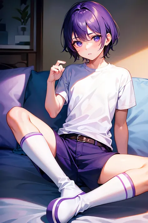 teenage boy in a white plain shirt and purple boots, (beautiful eyes), (soft+cute), ((best quality)), ((masterpiece))