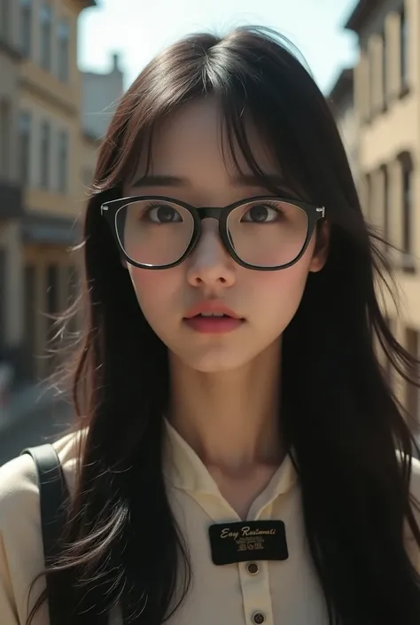 A vintage-style portrait of a beautiful Korean woman with long, dark hair wearing stylish glasses. She has an intense gaze directed and has a black label with  big gold a the name "Eny Rusilowati" in of her shirt the left. The composition is a close-up sho...