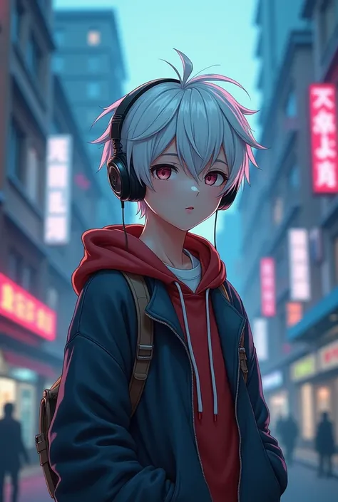 a young anime boy with white hair, wearing headphones, hoodie, handsome, detailed portrait, beautiful eyes, beautiful lips, highly detailed, 8k, photorealistic, studio lighting, vibrant colors, dramatic lighting, cinematic, digital art