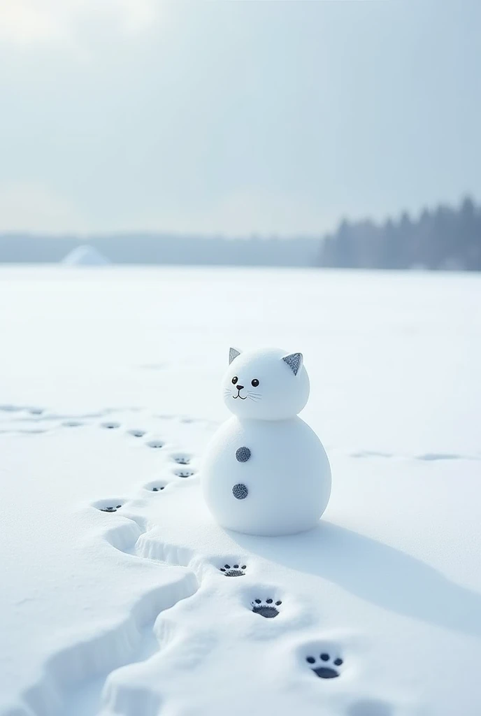 (( Kitten footprints leading to a white snowy field ))、((Realistic:1.3))、Clear snowy field 、Snow man looking at footprints