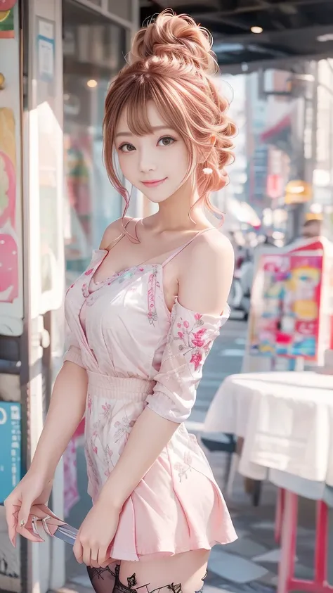  I can see my whole body（1 beauty 1 .8）（ kind smiles）（ top quality）（ reality quality、 surrenders）（Ultra HD）（8k，Raw quality）（Beautiful depiction、 delicate depiction ）（Red messy bun hair） Panorama 　23 years old、Jcup、（light pink off shoulder dress1.8）Fishnet ...