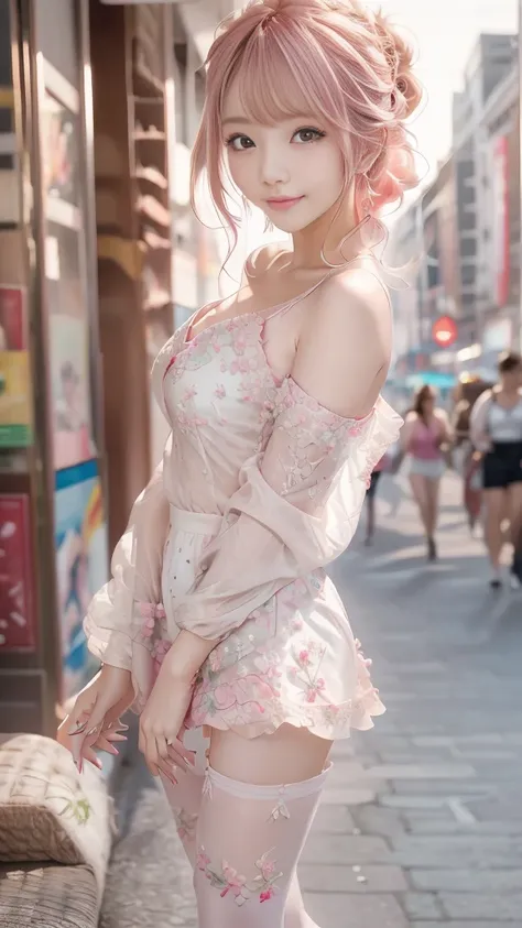  I can see my whole body（1 beauty 1 .8）（ kind smiles）（ top quality）（ reality quality、 surrenders）（Ultra HD）（8k，Raw quality）（Beautiful depiction、 delicate depiction ）（Red messy bun hair） Panorama 　23 years old、Jcup、（light pink off shoulder dress1.8）Fishnet ...