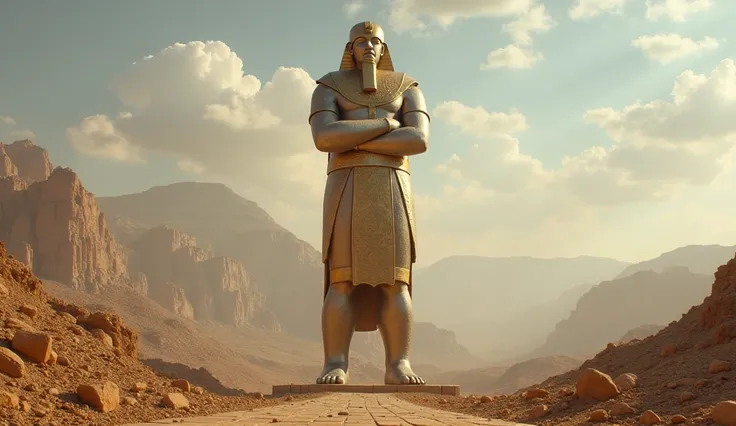 a huge statue of King Nebuchadnezzar erected in a valley, the statue is with crossed arms, the head is made of gold, the arms and chest are made of silver, the thighs are made of bronze, the legs are made of clay and the feet are made of clay. iron mixed w...