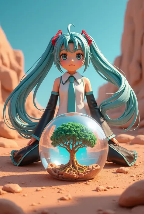 (masterpiece、 top quality、 top quality、 official art、 beautiful and beautiful :1.2)、( one girl:1.3) Hatsune Miku 、 twin tails, Beautiful breasts, Arabic Numeric Image of a Tree Inside a Glass Ball Reflected in a Desert Landscape, The tree of life in a sphe...