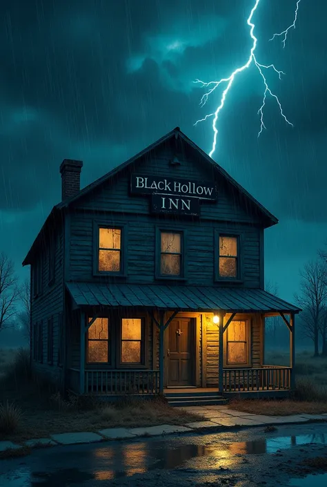 A dilapidated old hotel stands against a stormy night backdrop. Rain pours down in thick sheets, with lightning illuminating the cracked façade and boarded windows. The sign above the entrance reads “Black Hollow Inn” in faded, peeling paint. The dim glow ...