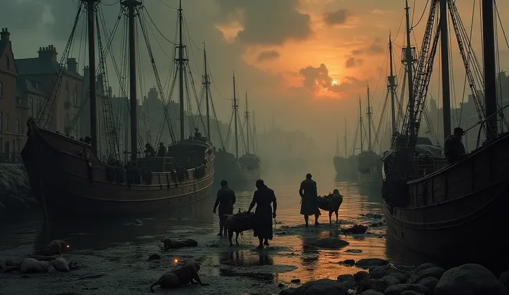 A dramatic scene in a medieval European port at dusk. Merchant ships sit at anchor, with worn sails and aged wood. Pale, dying crew members, covered in dark stains, are carried out on makeshift stretchers as some bodies fall to the ground. Mice with glowin...