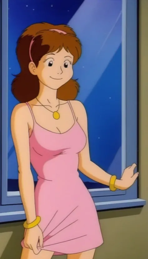 monalisatmnt, brown hair, 1girl, solo, human skins, teenage human girl, pink hairband, black eyes, smile, looking at viewers, golden necklace, gold bracelet, a sleeveless pink camisole dress, collarbone, closed mouth, score_9, score_8_up, score_7_up, maste...