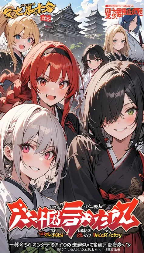  multiple women ,theyre all looking in a different direction,headband, Japanese Knife ,smile, No Emotion,Reckless attitude, Wicked Expression ,warrior,samurai,Hakama, black hair, Silver Hair,Blonde, red hair,Blue Hair, bob cut , ponytail, braids , hair ove...