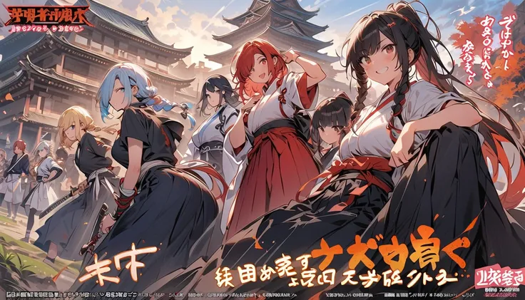  multiple women ,theyre all looking in a different direction,headband, Japanese Knife ,smile, No Emotion,Reckless attitude, Wicked Expression ,warrior,samurai,Hakama, black hair, Silver Hair,Blonde, red hair,Blue Hair, bob cut , ponytail, braids , hair ove...