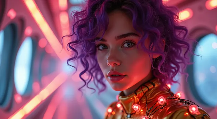 ((close-up no rosto)) Of a stunning young Caucasian woman  ((18 years old))  with curly hair in purple colors,  gold clothing with hundreds of red LED light spots with several electronic circuits connected by thin apparent wires illuminated in green,  seve...