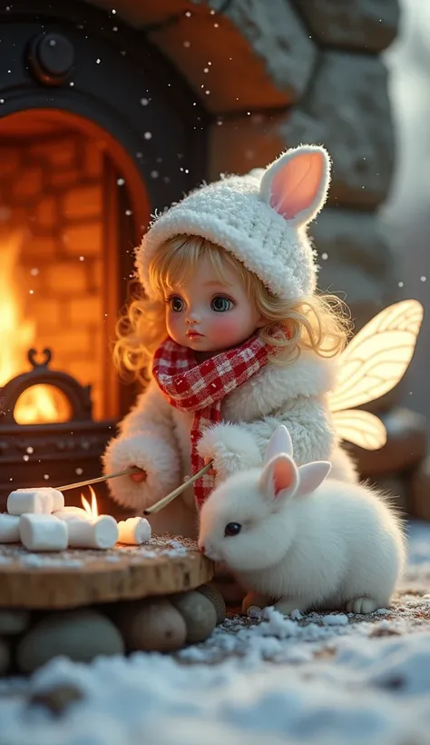  wearing a pleasant white fur coat with delicate snowflakes embroidery 、 A cute little fairy baby with soft golden curls 、 Realistic scene sitting by a warm fireplace in a snowy winter 。 There is a white rabbit sitting next to the fairy grilling marshmallo...