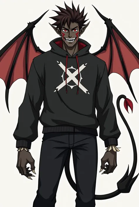 Anime style, tall black-skinned demon, black demon, mature and fierce features, spiky dark brown hair with the tips tinted blood red, brown eyes with skull pupils, red tribal markings under his eyes, black claws with white tips, black demon tail with a whi...