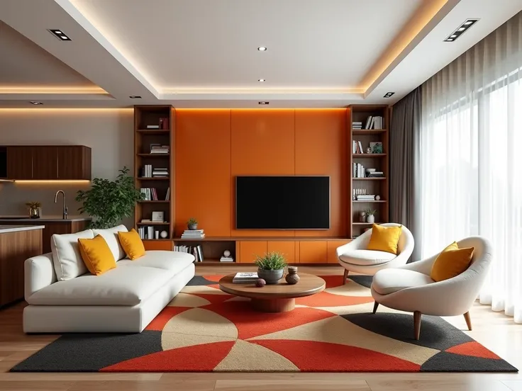 The living room has a bookcase and a panel with an orange lacquer television facing the sofa in an organic format in the color off white and yellow cushions.  Coffee table in organic format in wood and armchairs in the color off white in organic format .  ...