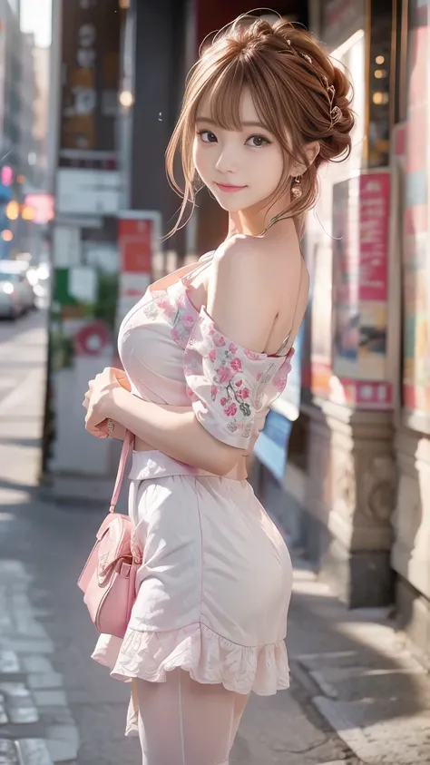  I can see my whole body（1 beauty 1 .8）（ kind smiles）（ top quality）（ reality quality、 surrenders）（Ultra HD）（8k，Raw quality）（Beautiful depiction、 delicate depiction ）（Red messy bun hair） Panorama 　23 years old、Jcup、（light pink off shoulder dress1.8）have a s...