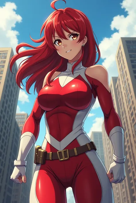  My Hero Academia Style ,   anime girl , woman, young woman ,  full body shot ,( Fighting Stance :1.3),Long Hair, Red Hair,   Brown Eyes , hero suit, Full Body Suit,  red suit with white details, perfect anatomy,  enhanced abs , super detailed,(building:1....